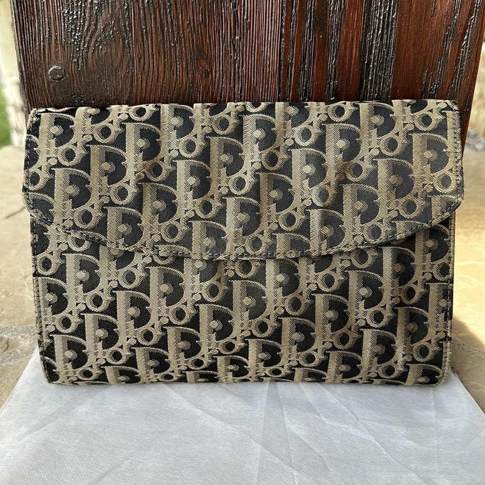 Christian Dior Trotter Envelope Clutch Pouch Black Tan Beige Monogram Vintage